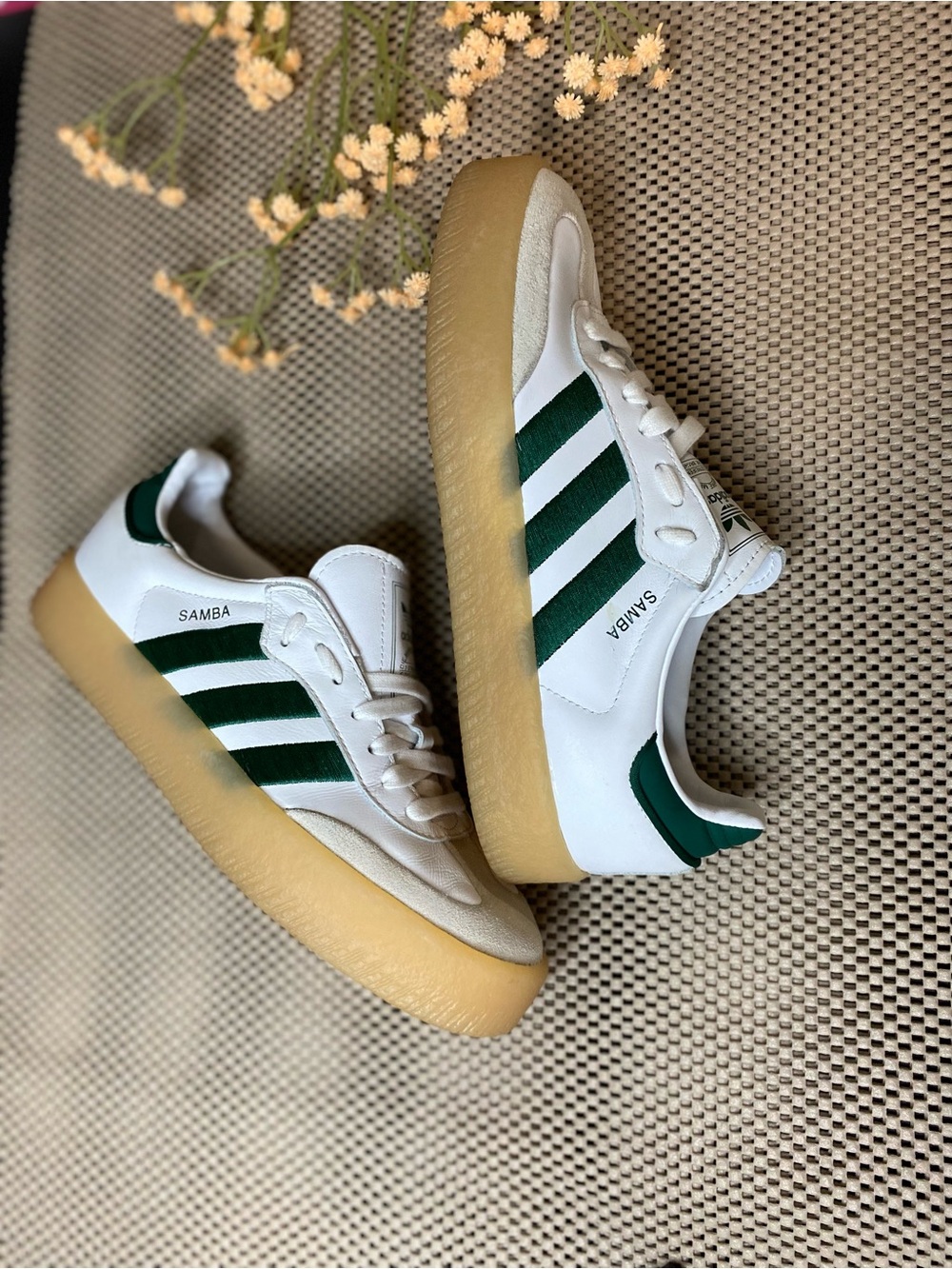 Adidas Samba Platform Leather Sneakers - White with Green Stripes